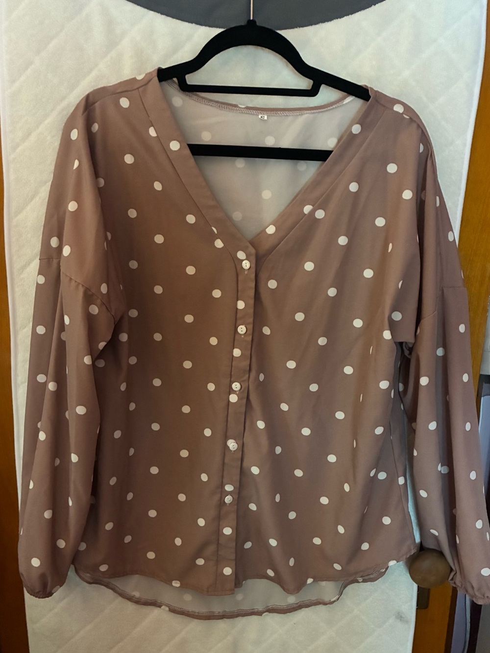 Polka Dot V-Neck Button Front Blouse - Mauve/Brown